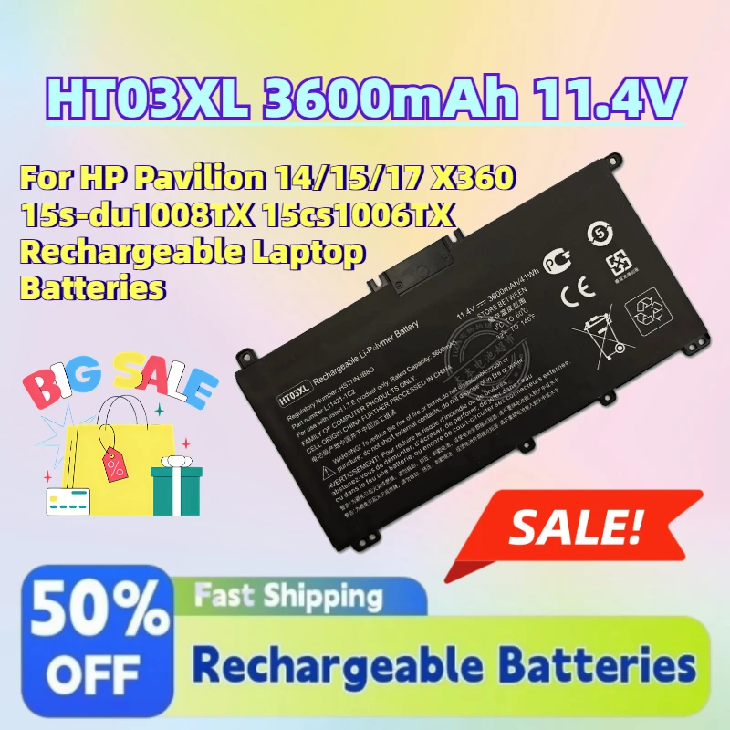 In Stock New HT03XL 3600mAh 11.4V Battery for HP Pavilion 14/15/17 X360 15s-du1008TX 15cs1006TX Rechargeable Laptop Batteries