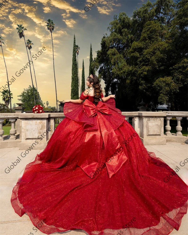 Mexico Rood Off The Shoulder Quinceanera Jurken Baljurk Kraal Kristal 2024 Verjaardag Luxe Jurk Strik Afstudeerjurk Sweet 16