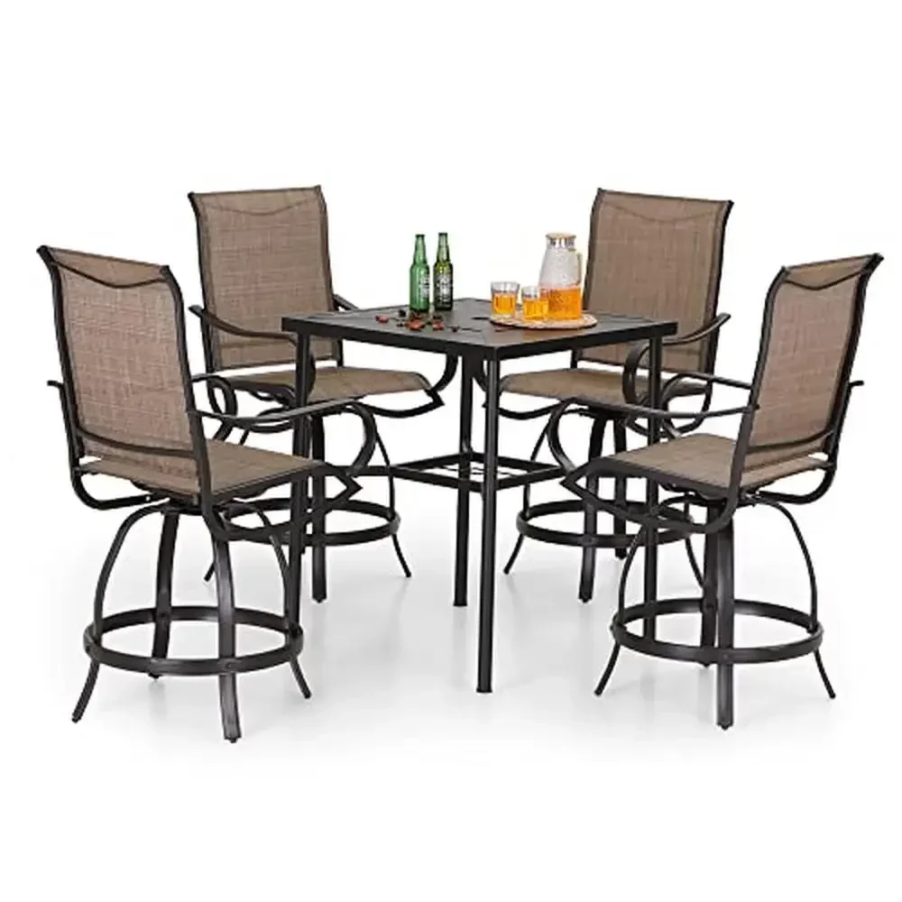 Swivel Outdoor Bar Stools Set 5PCS Textilene Fabric Patio Furniture with Metal Table