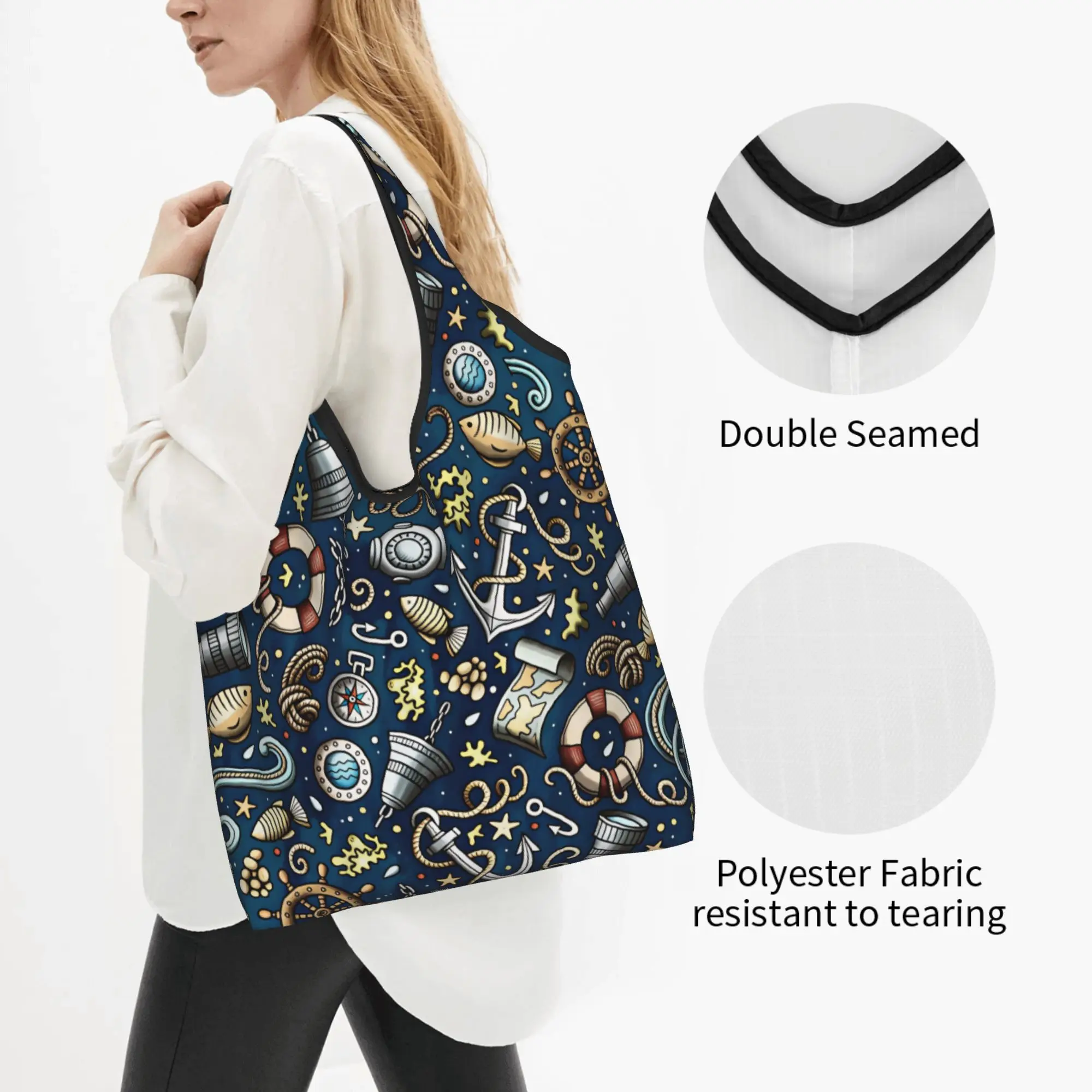 Reusable Nautical Featuring Anchors Ship Wheels Compasses Shopping Bag Women Tote Bag Portable  Groceries Shopper Bags