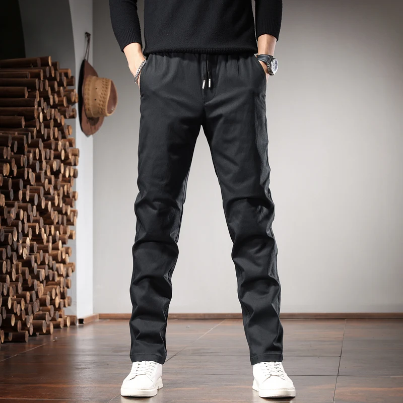 

Autumn Casual Black Straight Pants Men Korean Style Social Slim Fit Elastic Waist Drawstring Trousers