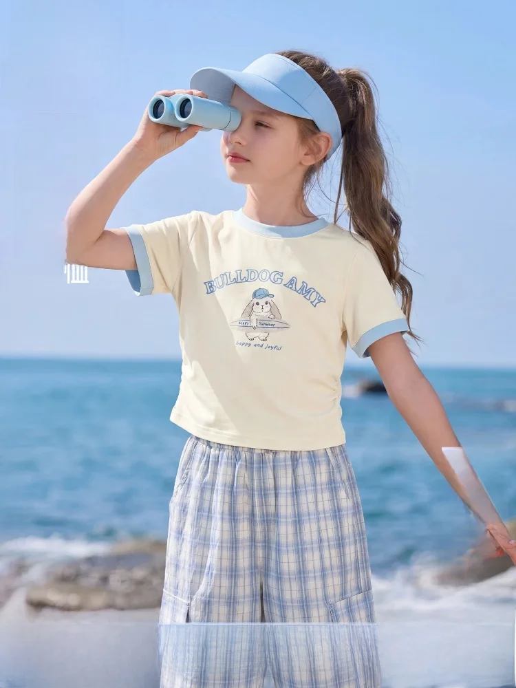 surfing-rabbit-print-t-shirt-round-neck-color-block-kids-summer-new-style-casual-loose-fit-cotton-polyester-blend-soft-comfor