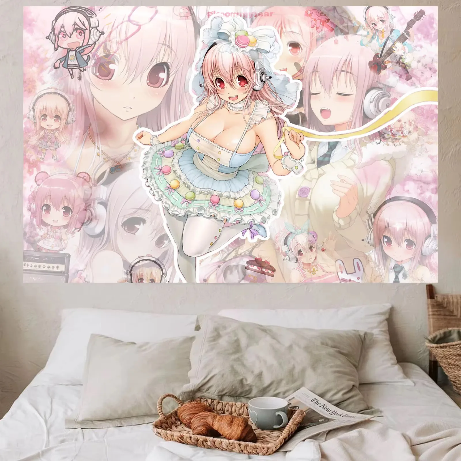 S-Super S-Sonico Macaron Lolita Tapestry, Cherry Blossom Guitar Print Wall Hanging Sweet Decor for Bedroom Dorm Otaku Fans Gift