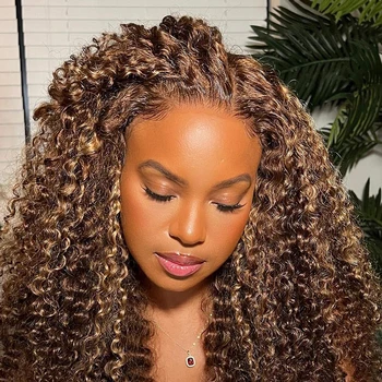 옴브레 허니 블론드 하이라이트 가발, 킨키 곱슬 인모 가발, 13x6 Hd 레이스 정면 가발, 유광 브라질 가발, 세일 클리어런스