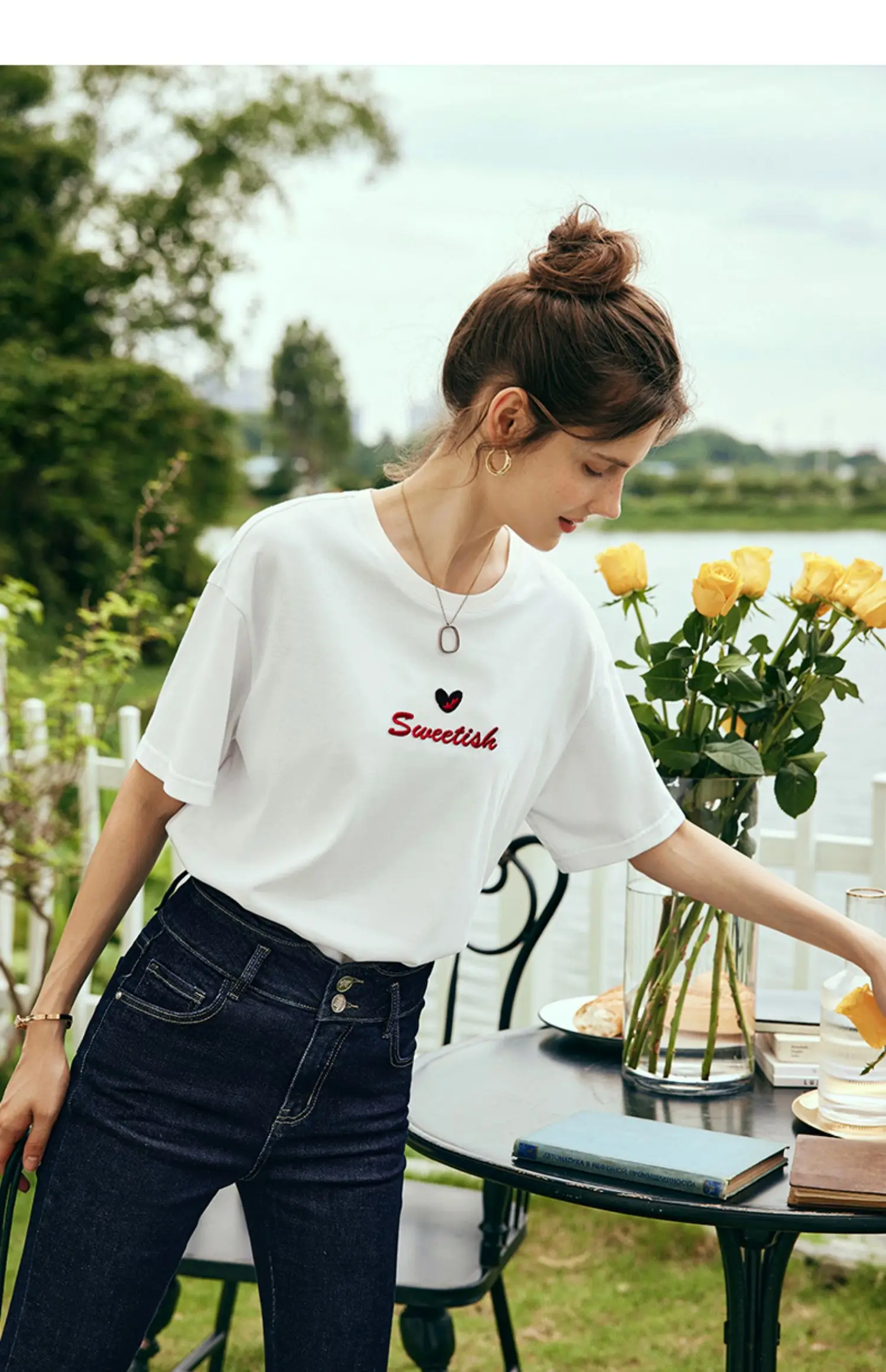 

OLrain 100%Cotton T-Shirt For Woman 2025 Summer Fashion Love Type Embroidery Knit Round Neck Cozy Ladies Tees OutdoorsO23XT80529