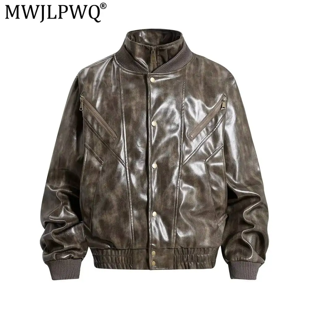 MWJLPWQ Tie-Dye Distressed Glossy Stand-Collar PU Leather Jacket Men Trendy Vibe Double Placket Design Large Pockets Tops 20243