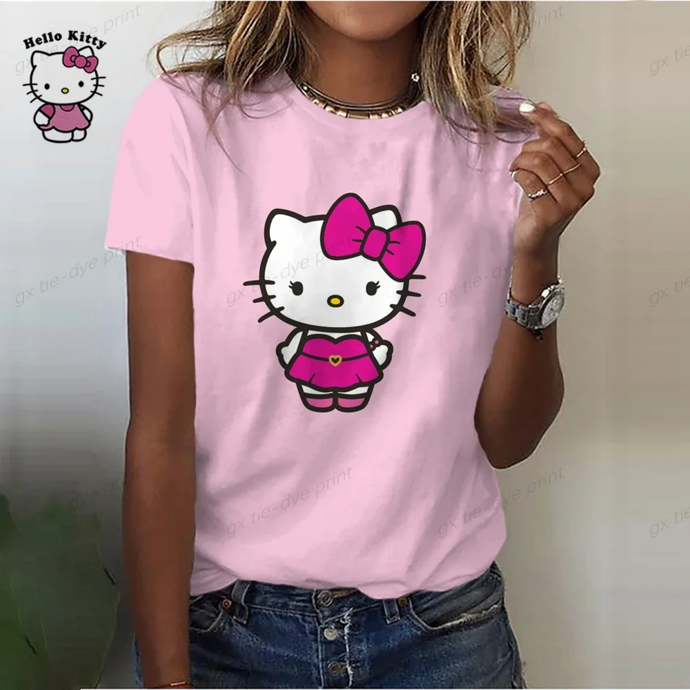 Hello Kitty T-Shirt da donna estate moda manica corta top stampa o-collo T-Shirt Casual per abbigliamento Y2k da donna Plus Size Tees