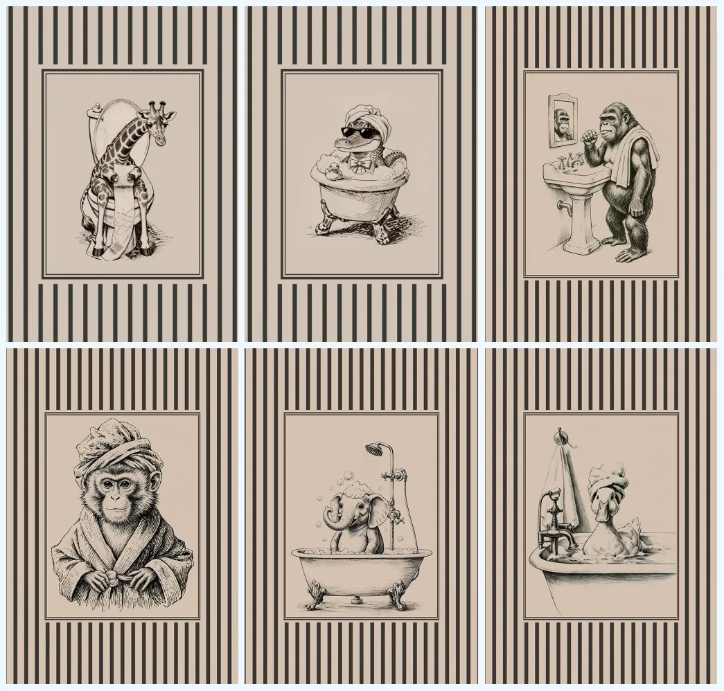 Funny Animals Stripe Prints Canvas Vintage Sketch Gorilla Brush Teeth Posters Retro Crocodile Shower Wall Paintings Decoration