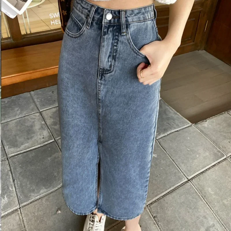 Skirts for Woman Tight Women's Skirt Denim Midi Clothes with Slit Jeans Pencil Wrap High Waist Summer 2024 Premium Cheap A Line