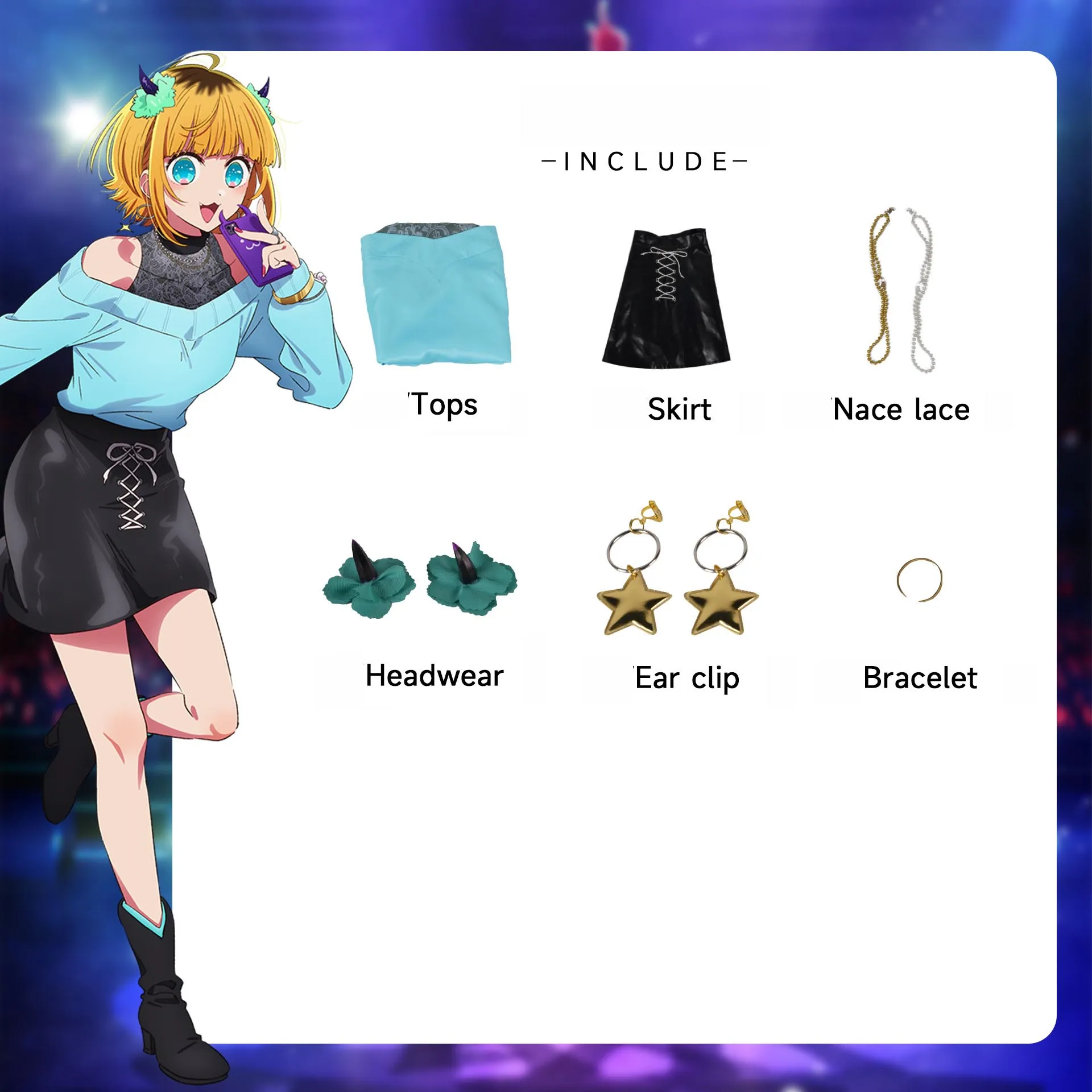 شعر مستعار من Oshi No Ko Mem Cho تنكري للنساء ، لي-سان فستان أزرق ، زي ، تنورة ، شعر أشقر ، أغطية رأس ، حفلة الهالوين