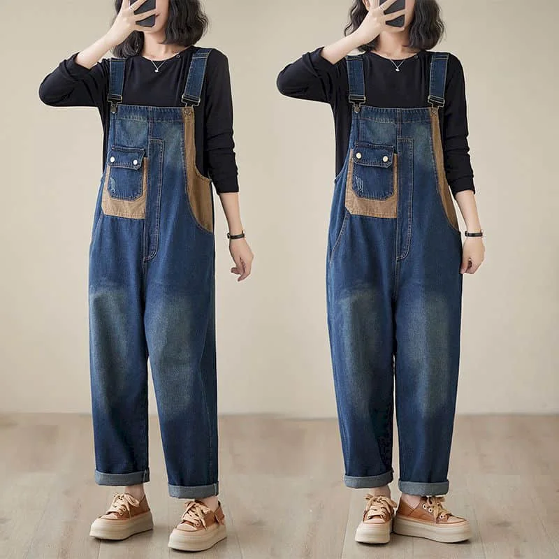 Denim Jumpsuits for Women Korean Style Rompers Solid Casual Vintage Playsuit Straight Harem Pants Patchwork Design Women Clothes