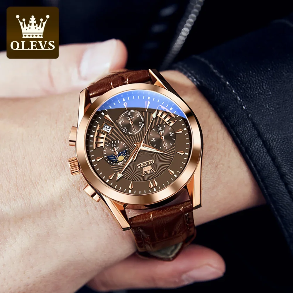 OLEVS 2876 Multifunctional Luxury Genuine Leather Strap Watches for Men Quartz Sport Waterproof Men Wristwatches Luminous