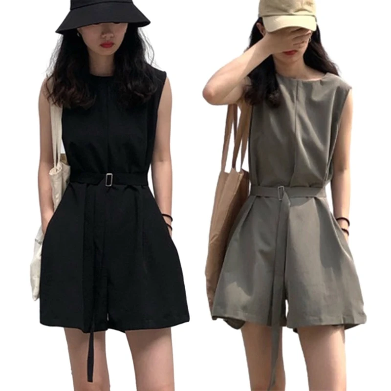 Women's Summer Round Neck High Waist Solid Color Shorts Jumpsuit Rompers with Pockets Casual Pieced Outfits Gifts