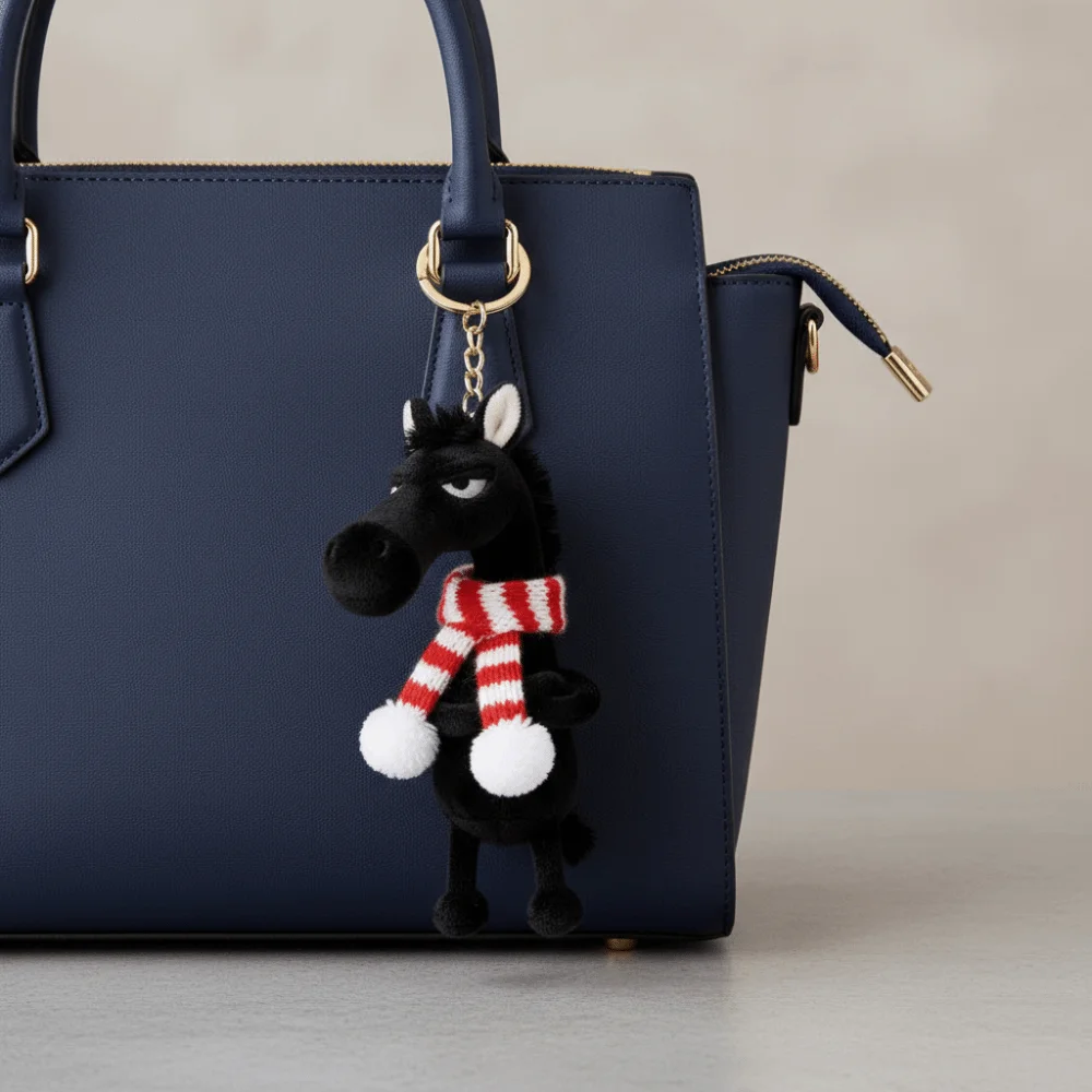 Uroczy breloczek z koniem z kreskówki, wykonany ręcznie, z szalikiem, kucyk różowo-czarny, symulacja konia, prezent na Boże Narodzenie.