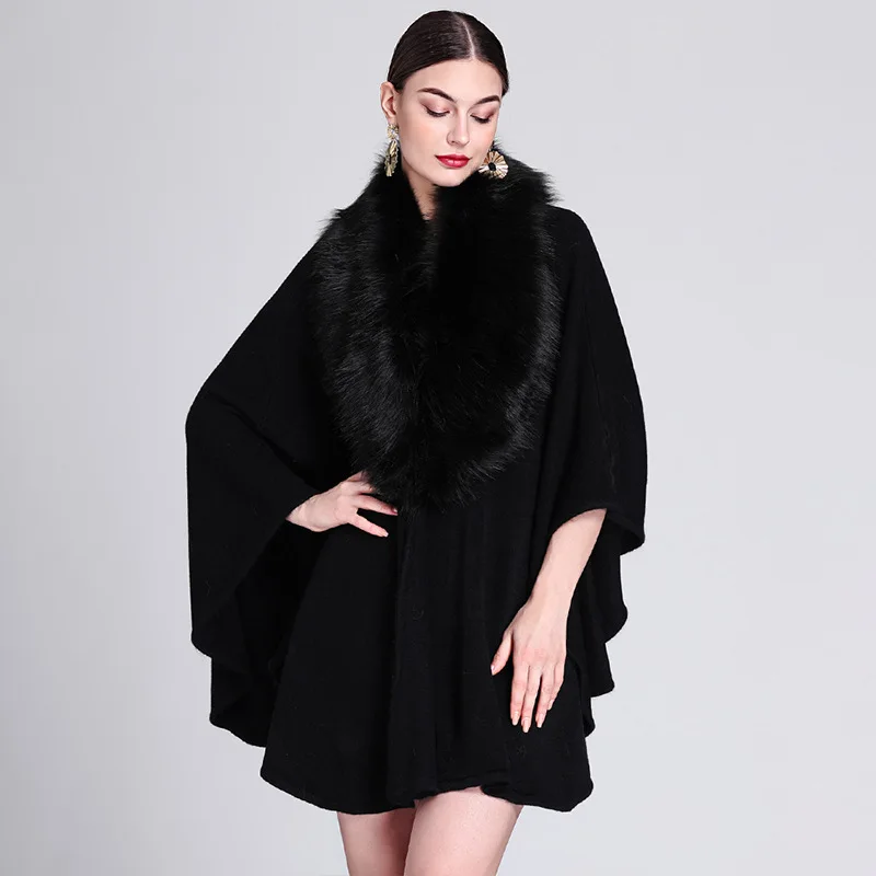 Autumn and Winter New Imitation Fox Fur Collar Shawl Cloak Medium Long Knitted Cardigan Plus Size Cloak Women Jacket