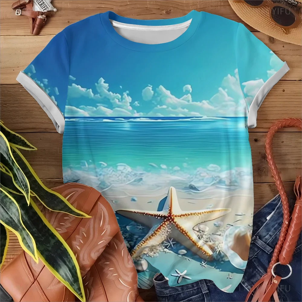 เสื้อยืดผู้หญิงลายเปลือกหอยปลาดาวมหาสมุทร Y2K สไตล์ชายหาดลำลองแฟชั่นสบายฤดูร้อนสีฟ้าคอกลมแขนสั้น