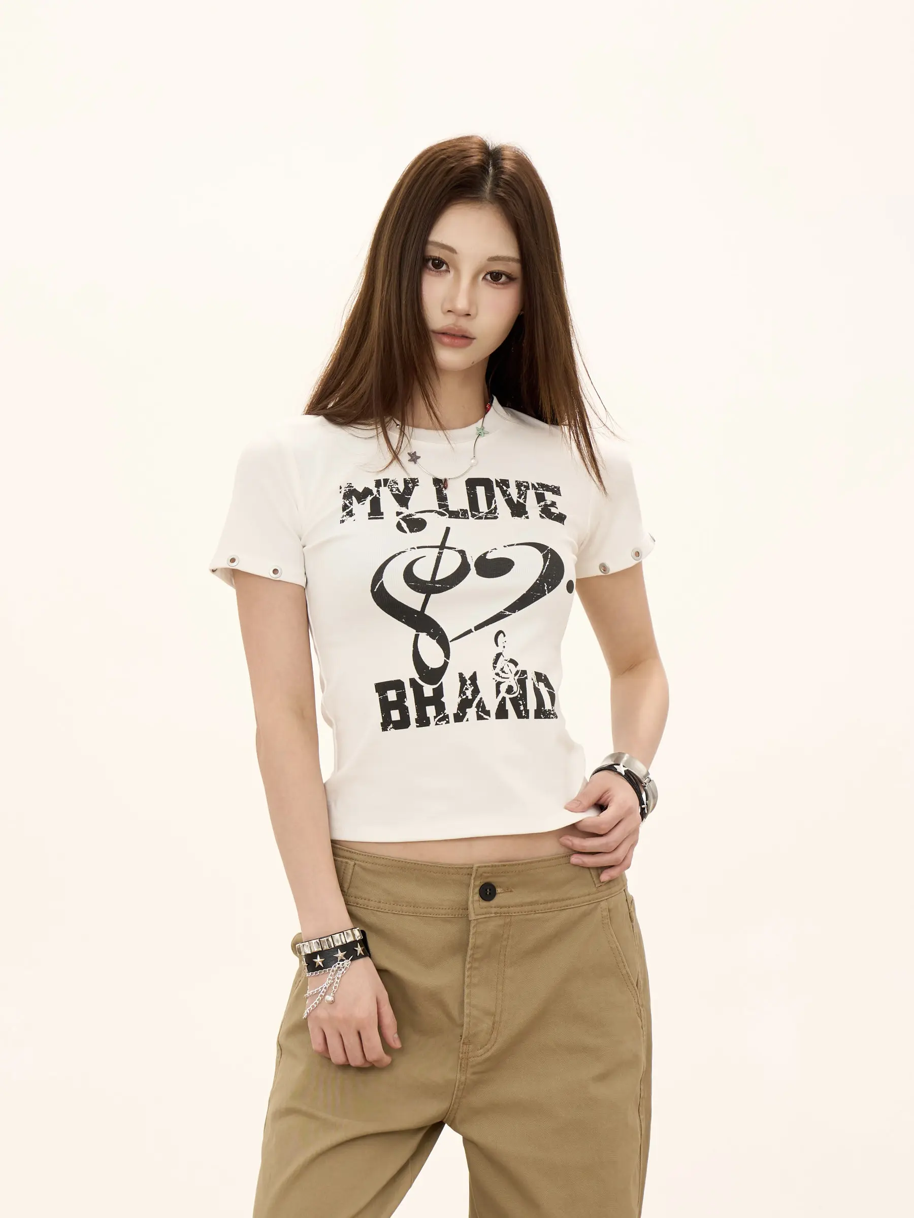 

Retro American Letter Print Short Sleeve T-Shirt Women's Slim Fit round Neck Summer Fashion Slimming Sexy Top ONLPP