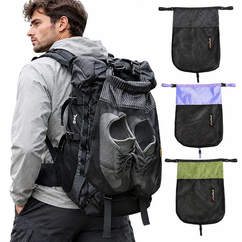 Nylon Mesh External Backpack Shoe Bag Drawstring Lightweight Hanging Shoe Bags Space Saving Drawstring Pouch
