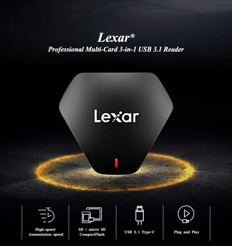 100% NEW Original Lexar Professional Multi-Card 3-in-1 USB 3.1 High-Speed Reader Supports SD MicroSD and CF Cards UHS-I for PC