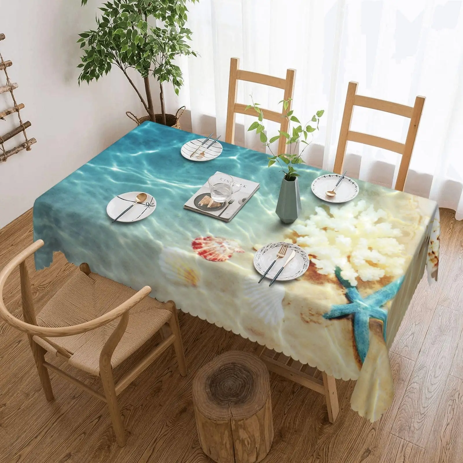 Seashell on The Summer Rectangle Tablecloths Beach Coral Table Cloths for birthday decoration，desk mat