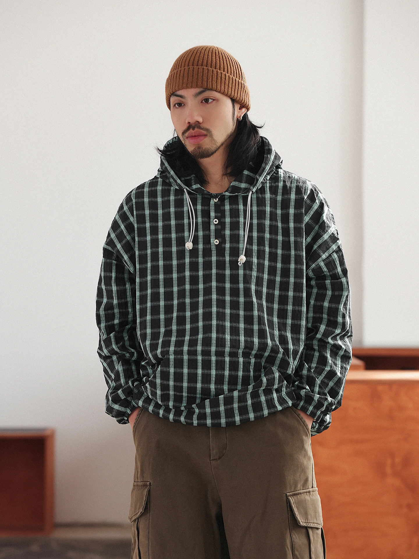 

NOEARS Осенне-зимняя свободная толстовка с капюшоном и длинными рукавами в клетку, повседневная мужская толстовка из дышащей ткани из смесового полиэстера