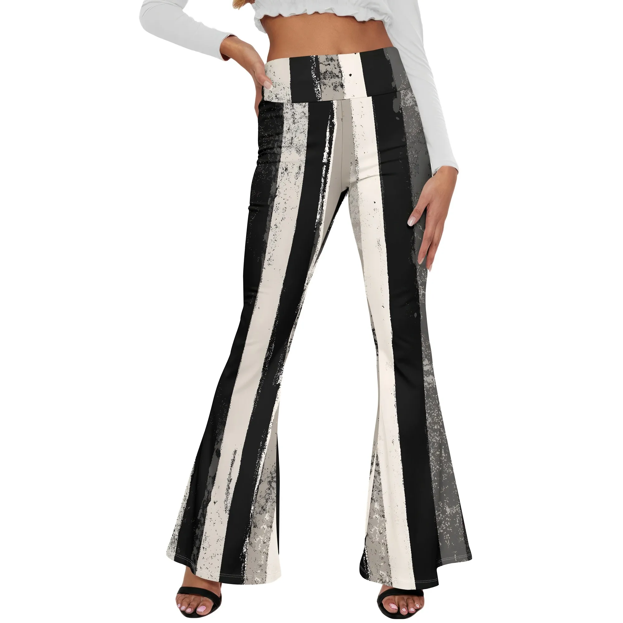 Printed Wide Leg Pants, Black White Stripe Trousers, High Waist Flare Bottoms, Matching Headband Set, Party Clubwear, S-2XL