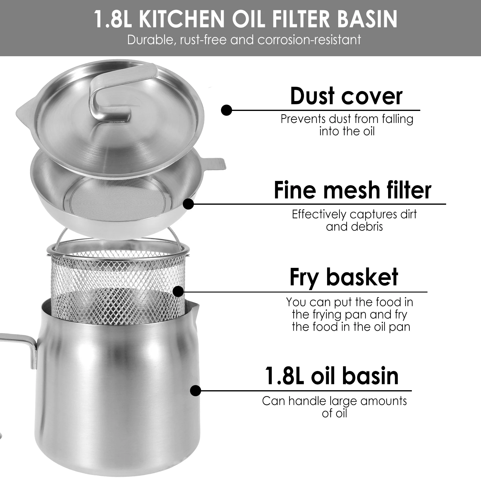 Oil Filter Pot Stainless Steel Oil Filter Vessel Large Capacity Rustproof Heat-resistant 2 In 1 Oil Strainer Pot with Frying