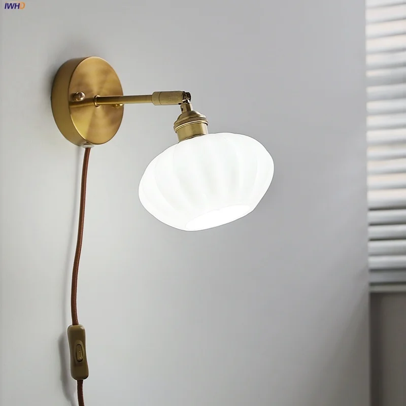 

IWHD White Glass LED Wall Lights Cafe Living Room Study Copper Nordic Modern Rotate Plug In Bedside Lamp Sconce Lampara De Pared