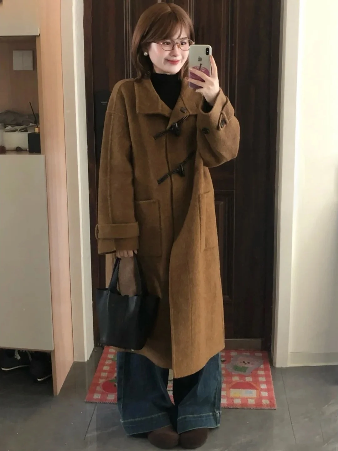 

Korean Sle plus Size Woolen Coat with Horn Buttons for Women Spring New Arrival Ele Middle Length Versatile Outerwear