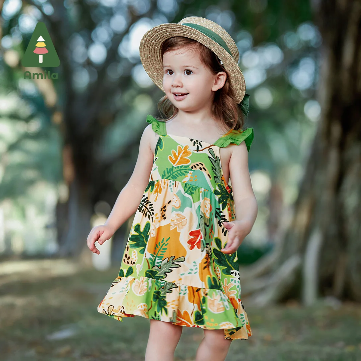 

Amila Baby Girl Dress 2023 Summer New Cute Pastoral Plant Print Casual Holiday Breathable Wooden Ear Edge Suspender Dresses 0-6Y