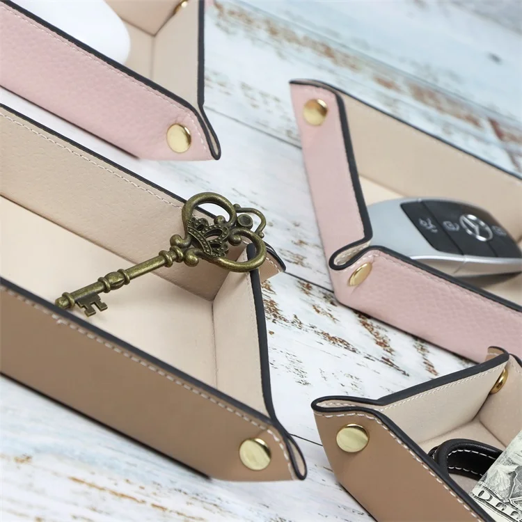 Fast Delivery in Stock Foldable Desktop Storage Vegan Leather Tray Small Brown and Pink PU Leather Valet Tray Organizer