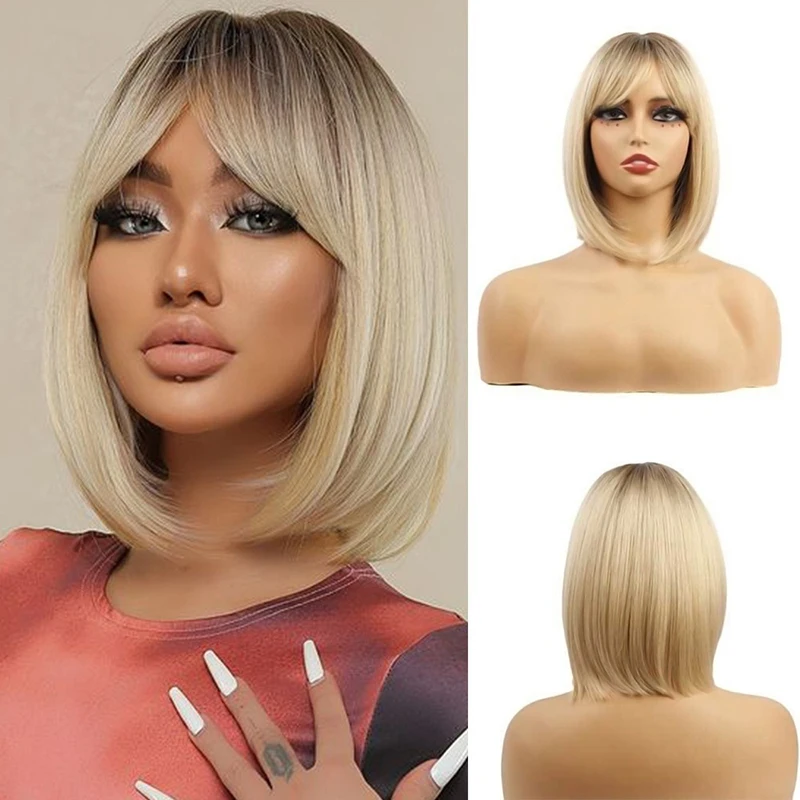 

Cocktail Party Lady Gradient Bob Haircut Evening Party Evening Dress Match Hairpiece Short Straight Hair Bar Woman Clavicle Hair