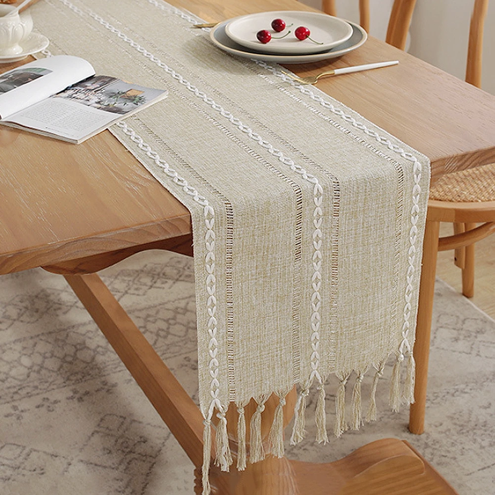 Rustic Table Runners with Handmade Tassel, Vintage Woven Cotton Linen Table Runner Long for Party Dining Table Decoration