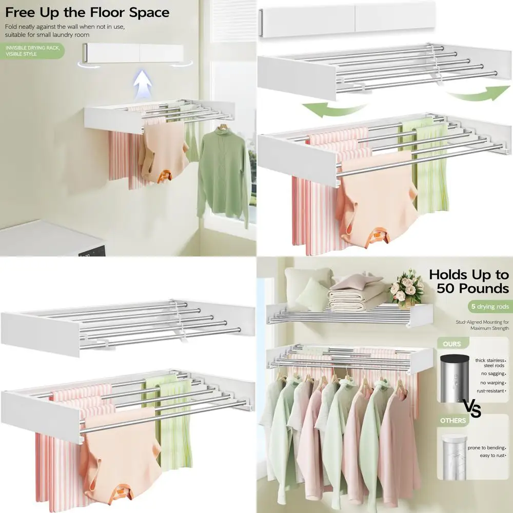 

32 Складная настенная полка для белья в помещении, складная компактная сушилка для одежды с 5 стержнями, белая