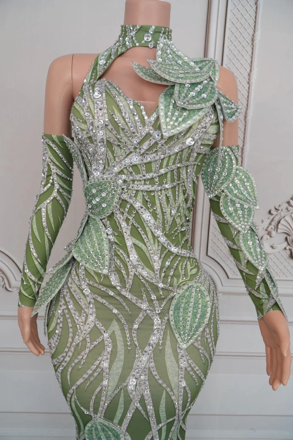 ชุดวันเกิด Rhinestone Leaf ชุดยาวถุงมือผู้หญิงเซ็กซี่ฉลองชุดราตรีนักร้องแสดงเวทีสวมใส่