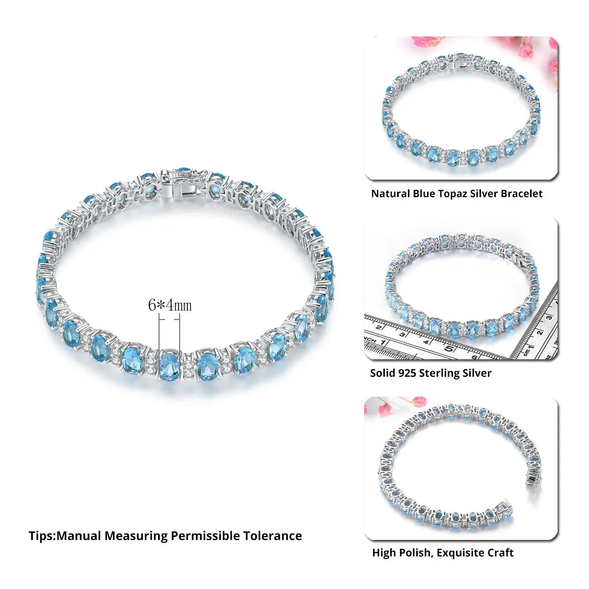 Natural Deep Blue Topaz Solid Sterling Silver Bracelets 13 Carats Genuine Gemstone Luxury Gorgerous Anniversary Gift Top Quality