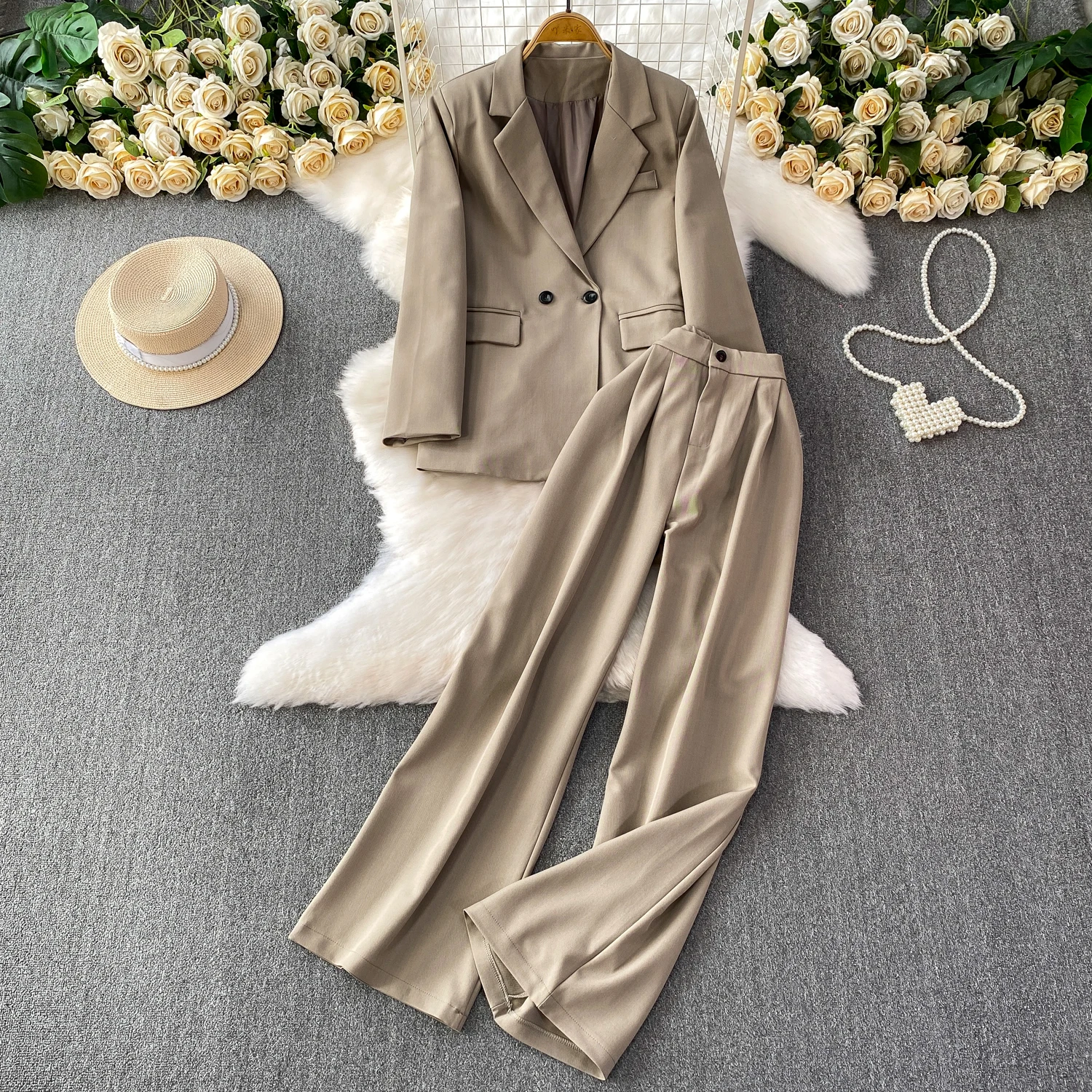 

Spring Autumn Office Lady Set Long Sleeved Blazer Wide Leg Pants Two Pieces Sets Korean Casual Fashion Women's Commuter Suit