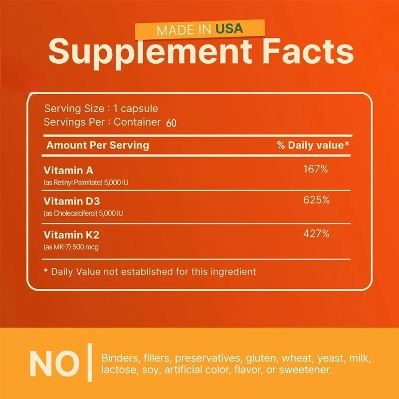 ADK Vitamin Supplement, High Efficiency Vitamin A, D3 5000 IU, and K2-MK7, Used for Bone and Immune Support - Non GMO
