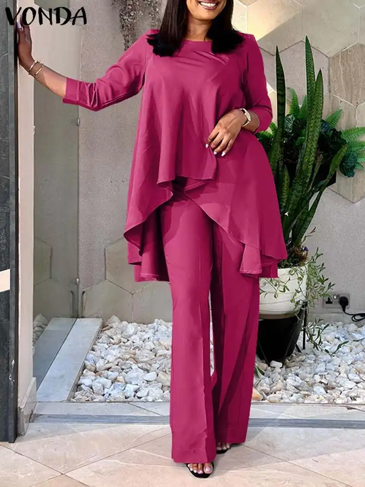 

Plus Size 5XL VONDA 2024 Fashion Pant Sets Women Long Sleeve Asymmetrical Tops and Elastic Waist Casual Solid Suits 2pcs Sets