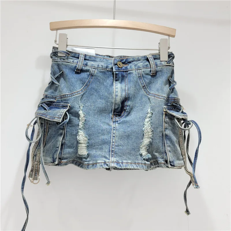 Vintage Strapped Denim Hip Hugging Skirt Female Fashion High Waisted Bow Lace-up Short Skirts Summer Commute A-Line Skirt