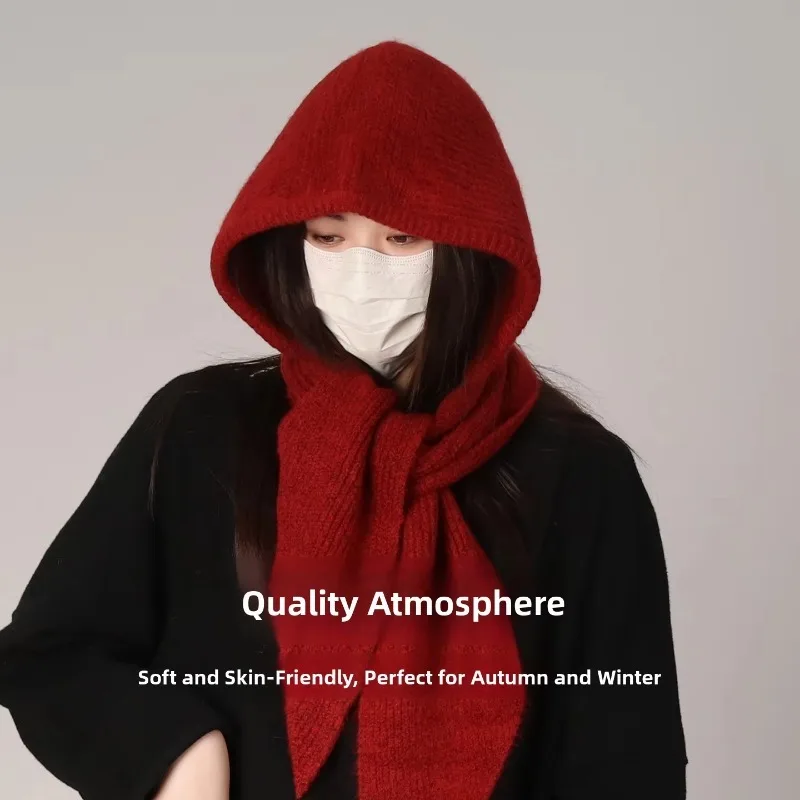 Women's Knit Balaclava Hat with Scarf Attached Warm Winter Hood Cap Korean Drawstring Neck Warmer Face Cover for Daily Commute