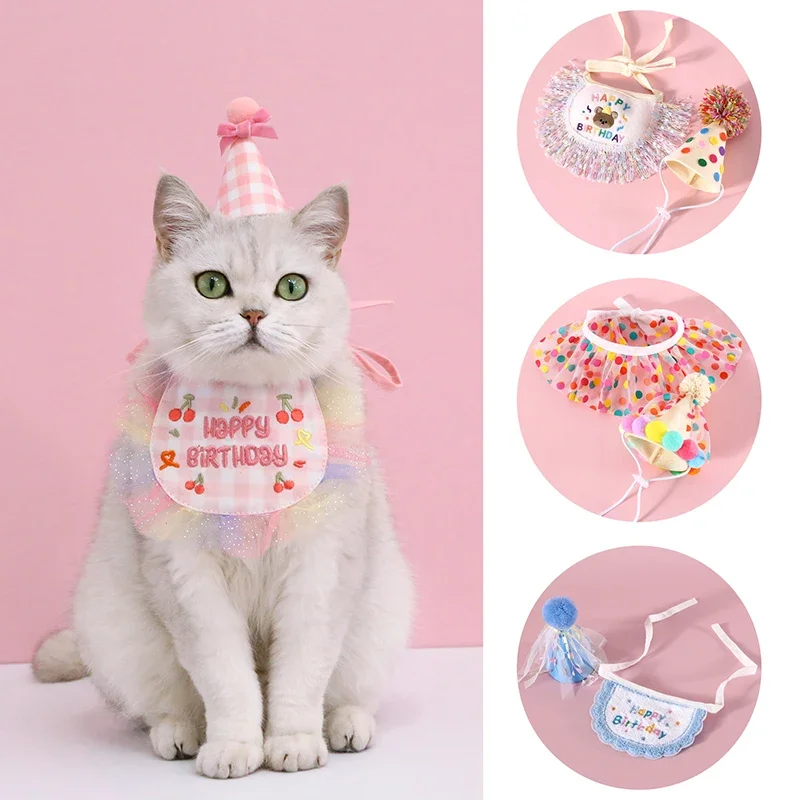 Pet Cat Birthday Dress Up Supplies Sweety Style Tassels Party Hat Lace Saliva Towel Birthday Party Kitten Puppy Headwear