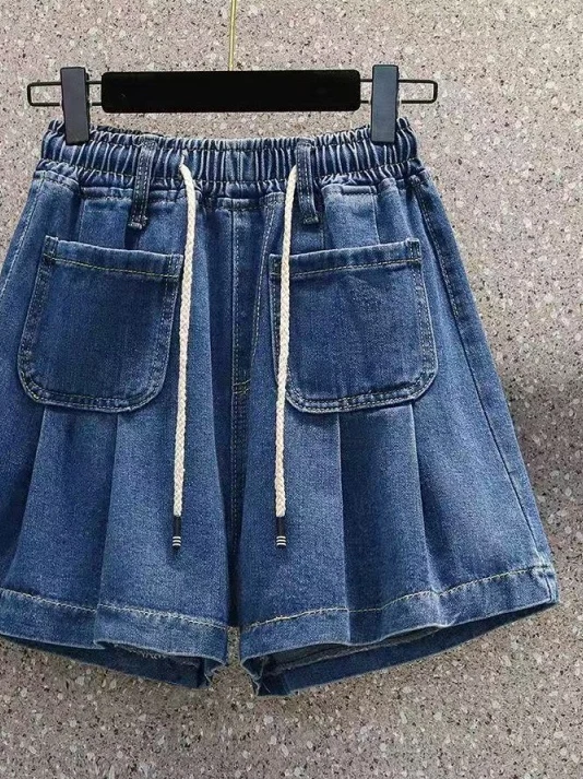 

Retro Belted Waed Denim Wide Leg orts Women's Loose Slimming Versatile Mid-Length Bell Bot High Waist Hot Pants