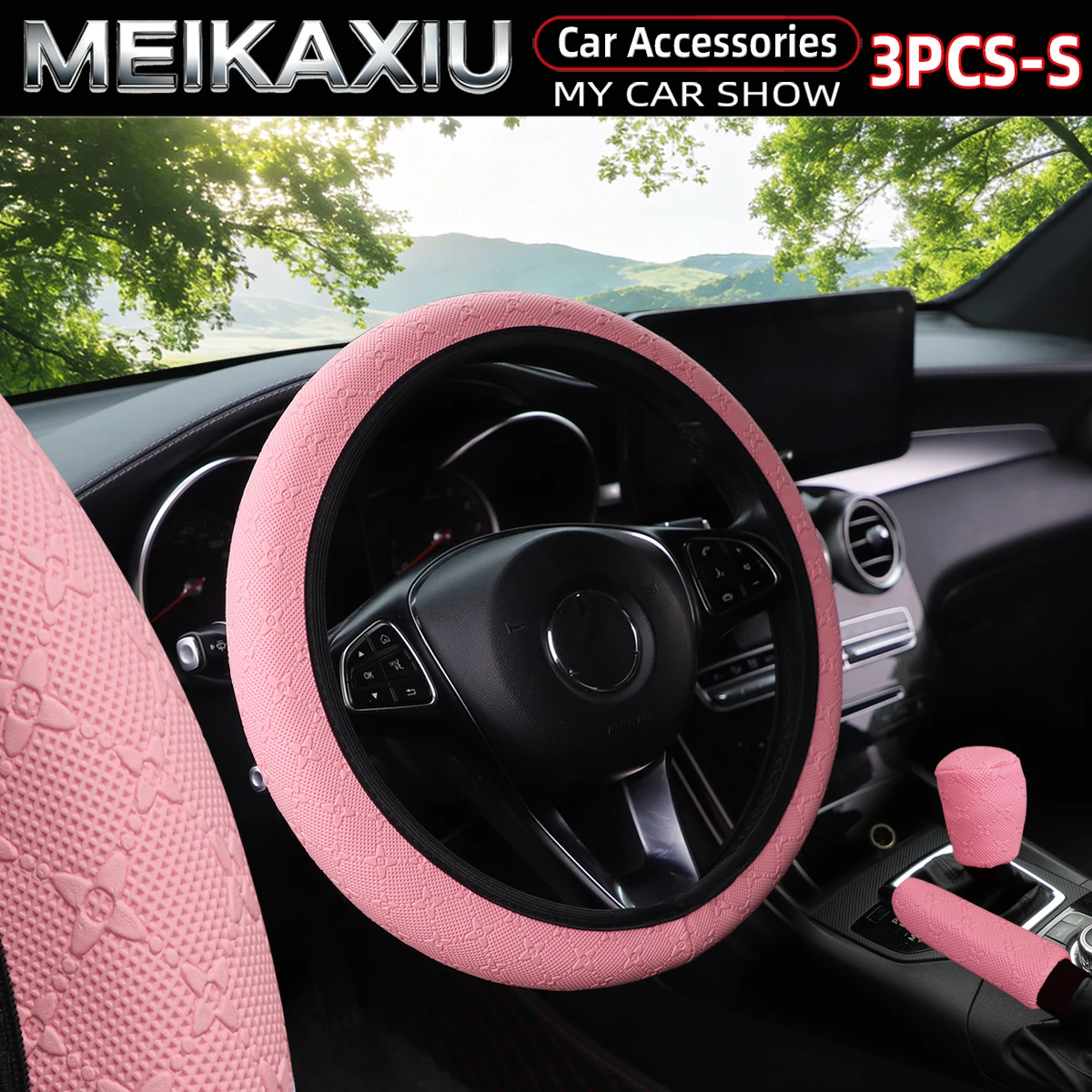 3PCS Women's 3D Star Flower Design PU Leather Car Accessories Set - Steering Wheel Handbrake & Gear Shift Covers No InnerRingnew