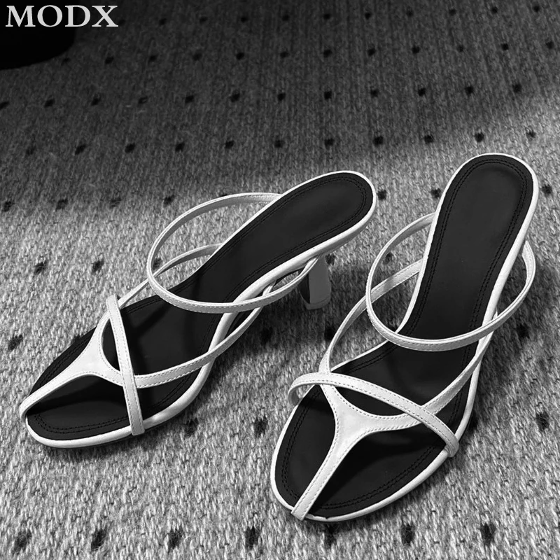 

Niche Brand 2024 New Genuine Leather Thin Strap High-heeled Slippers Round Toe Mesh Shape Sxey Sandals Simple Open Toe Slippers