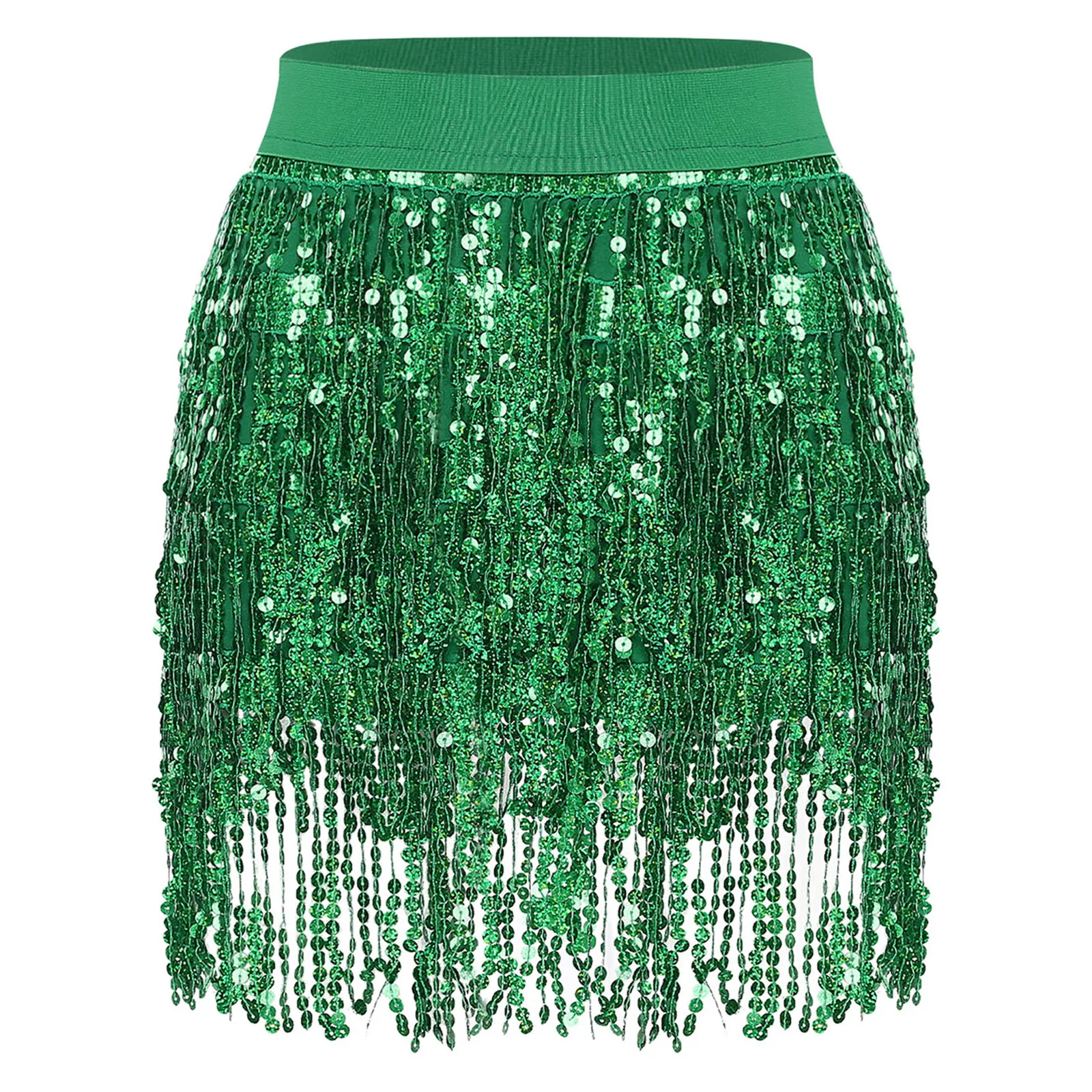 

Womens Sparkly Sequin Fringe Latin Miniskirt Tiered Sequin Tassel Elastic Waistband Skirt Latin Tango Dancwear for Stage Party
