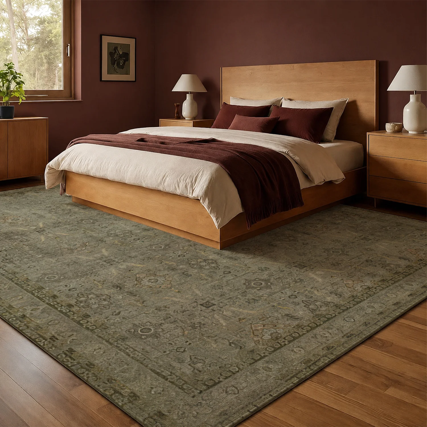 Large Indoor Area Rug, Soft Velvet Low Pile with Non-slip Dotted Backing, Machine Washable Vintage Traditional Muted Taupe Oriental Pattern for Living Room, Bedroom, Dining Areas