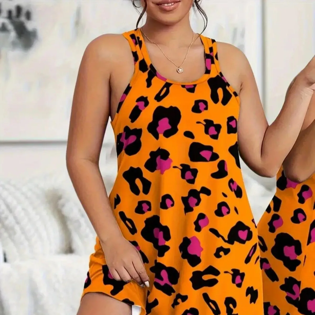 Plus Size Women Sleeping Home Dress Casual Camisole Sleeveless  Leopard Printed Mini Dress Fashion  Summer Nightgown