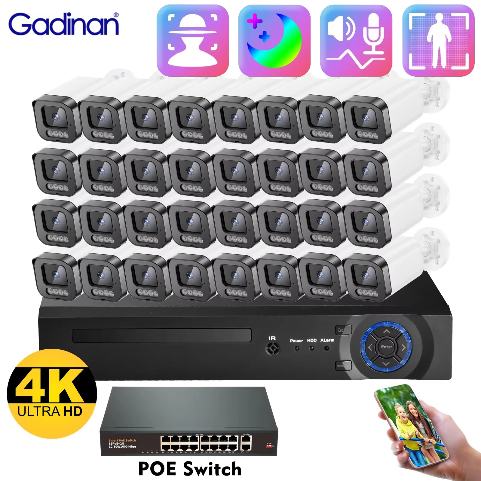 

Gadinan Outdoor Security NVR System Face Detection 32CH HD 4K 8MP POE Camera Color Night Vision 4MP CCTV Recorder Video Kit XMEy