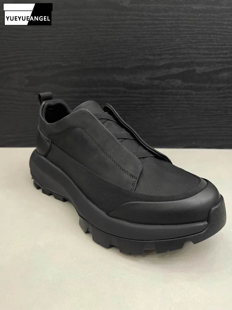 

Spring New Fashion Comfortable Versatile Style Mens Casual Shoes Black Genuine Leather Elastic Band Round Toe Leisure Sneakers